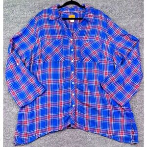 Ruby Rd Woman Plaid Tunic Top 2X Blue Red Rayon Button Front Shirt